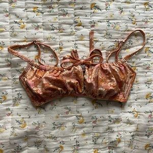 Floral Print Tunneled Tie Front Bralette Bikini Top Size D/DD